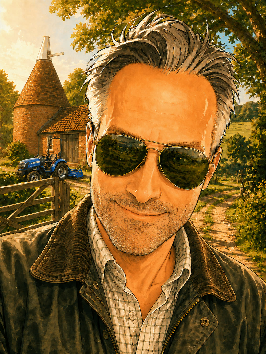 Illustrated portrait of Ali Hine at Martins Farm, with the single-kiln Oast and blue Solis tractor behind him.