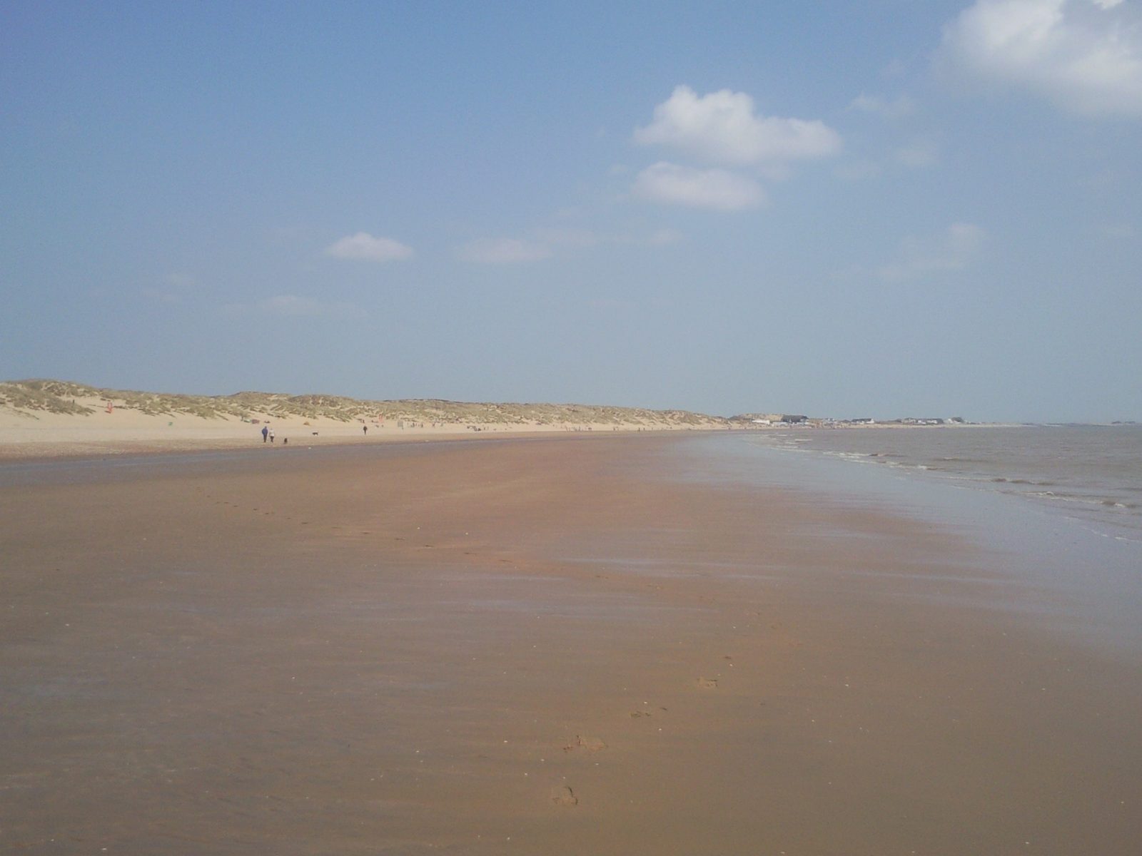 The wide flat sands at Camber at low tide, dunes running away to the left and a thin line of walkers along the water's edge