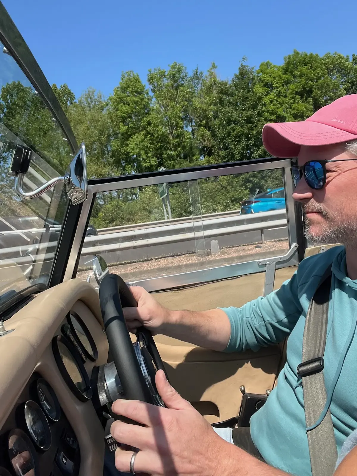 Driving the Morgan 4/4 with the roof down on a sunny day