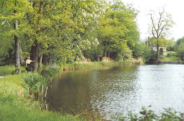 The still water of Furnace Pond near Horsmonden, Kent, a former ironworks pond edged by trees.