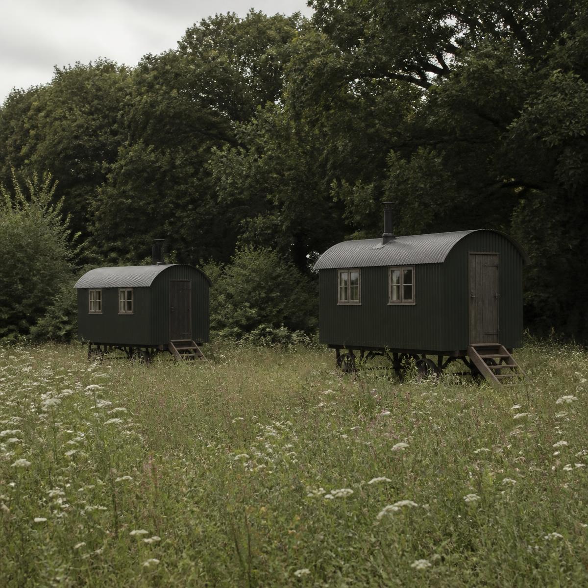 Illustrative view of the planned Hathaway Huts: two dark green shepherd's huts standing together in a wildflower meadow below a tree line