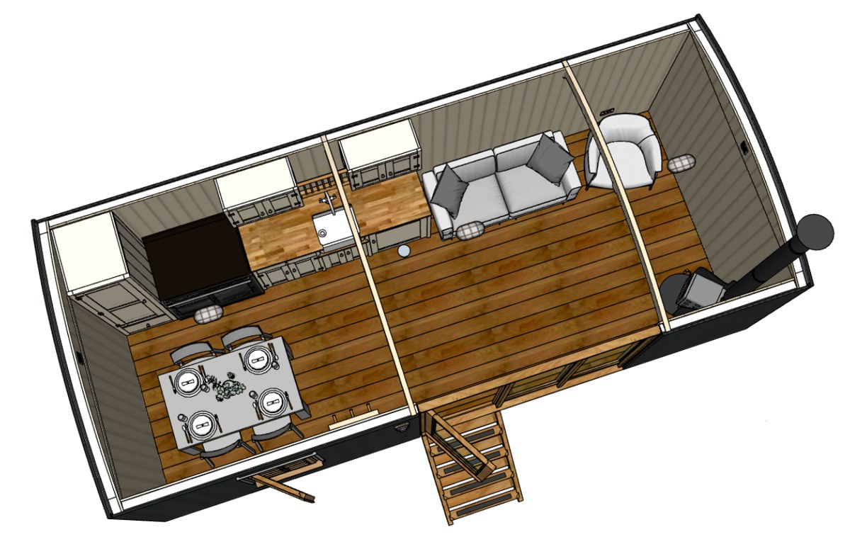 Maker's cutaway drawing of the planned living hut, showing the dining table, kitchen with range, sink and sofa, with a wood-burning stove at the far end and timber steps to the door