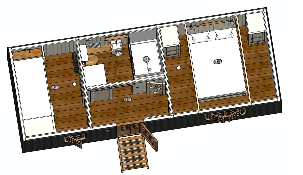 Maker's cutaway drawing of the planned sleeping hut, showing a double bedroom at one end, a children's bunk room, a shower room with basin and WC, and timber steps to the door