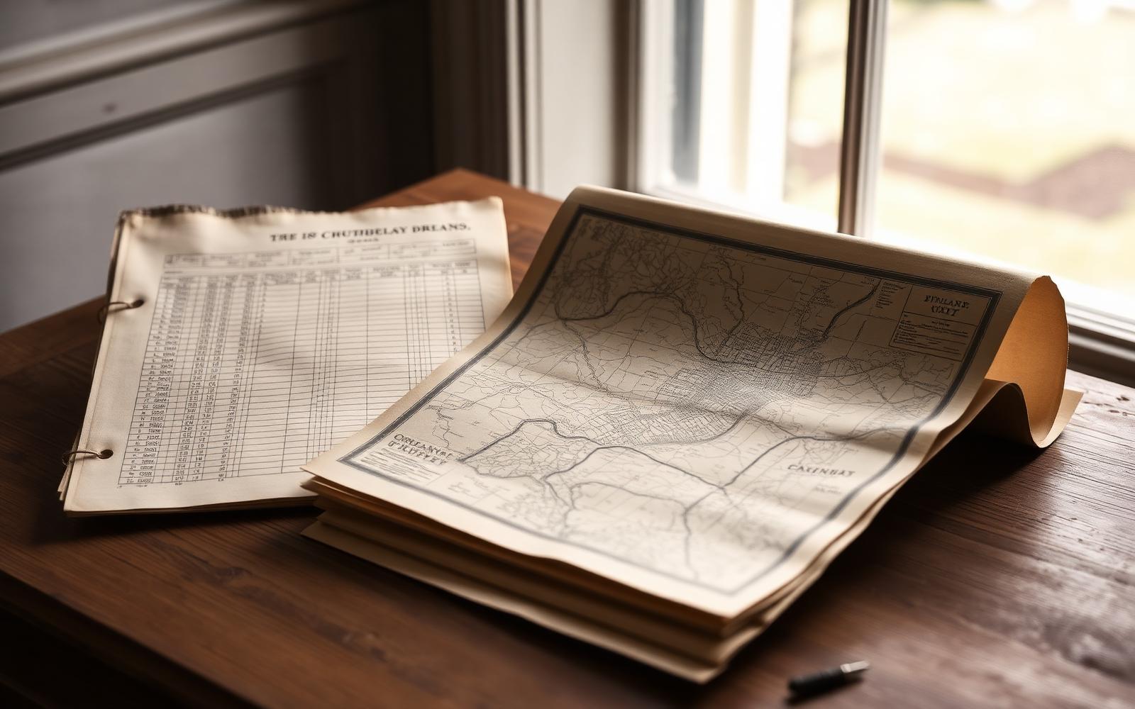 Victorian census pages and a nineteenth-century Ordnance Survey map on a wooden table