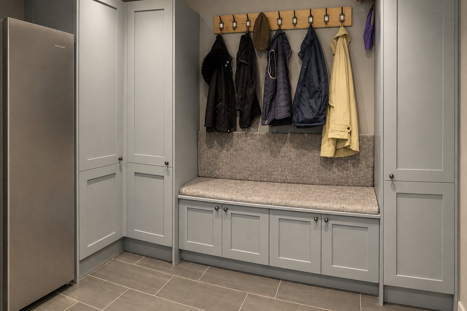Built-in bench, coat hooks and storage cupboards in the boot room.