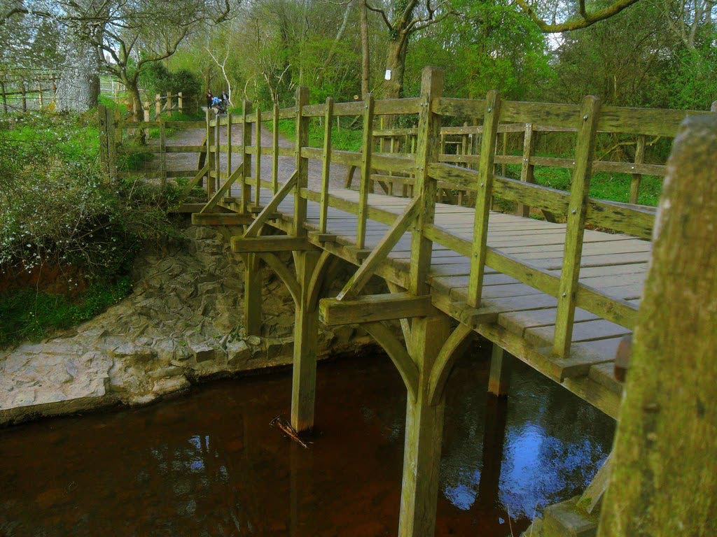 The wooden Poohsticks Bridge over a stream in Ashdown Forest, its plank deck and handrails framed by summer trees
