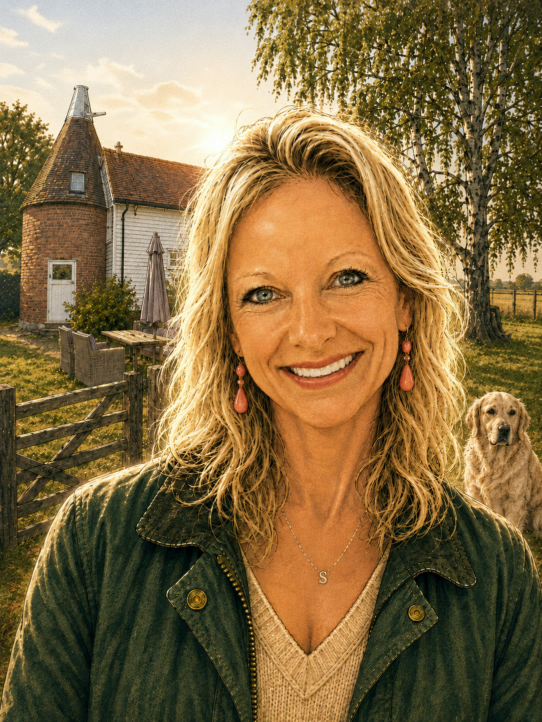 Illustrated portrait of Sharon Hine at Martins Farm, with the single-kiln Oast, birch tree and Winston behind her.