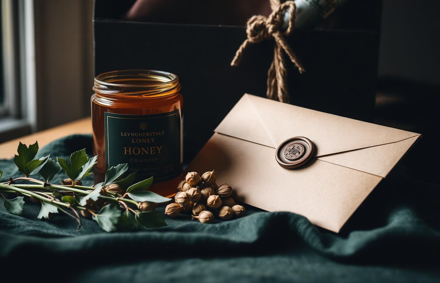 A wax-sealed gift envelope and card on dark green linen