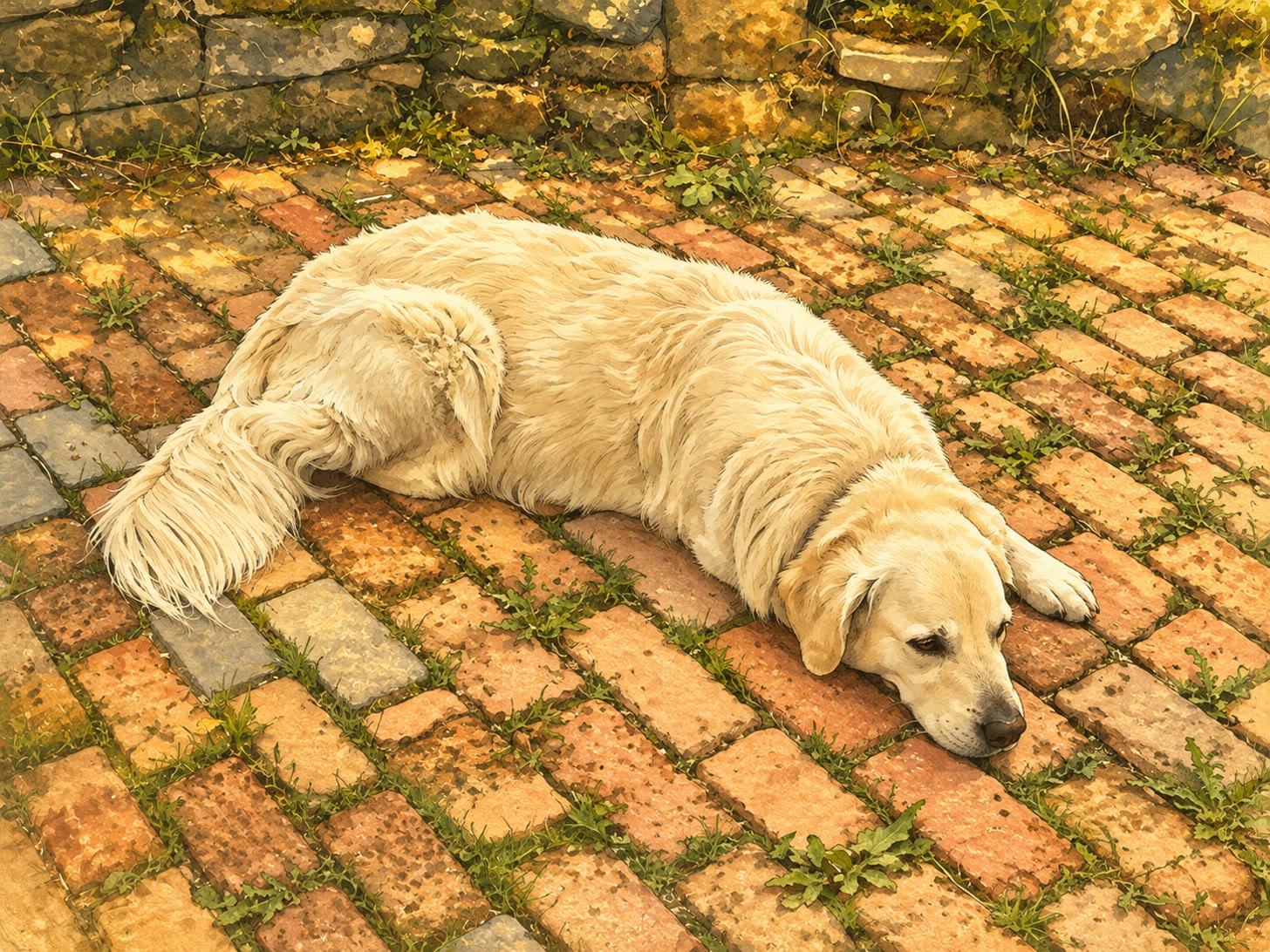 Winston, the pale-cream golden retriever of Martins Farm, lying stretched out and asleep on the weathered brick paving of the estate yard, with grass growing between the bricks and a stone wall behind him
