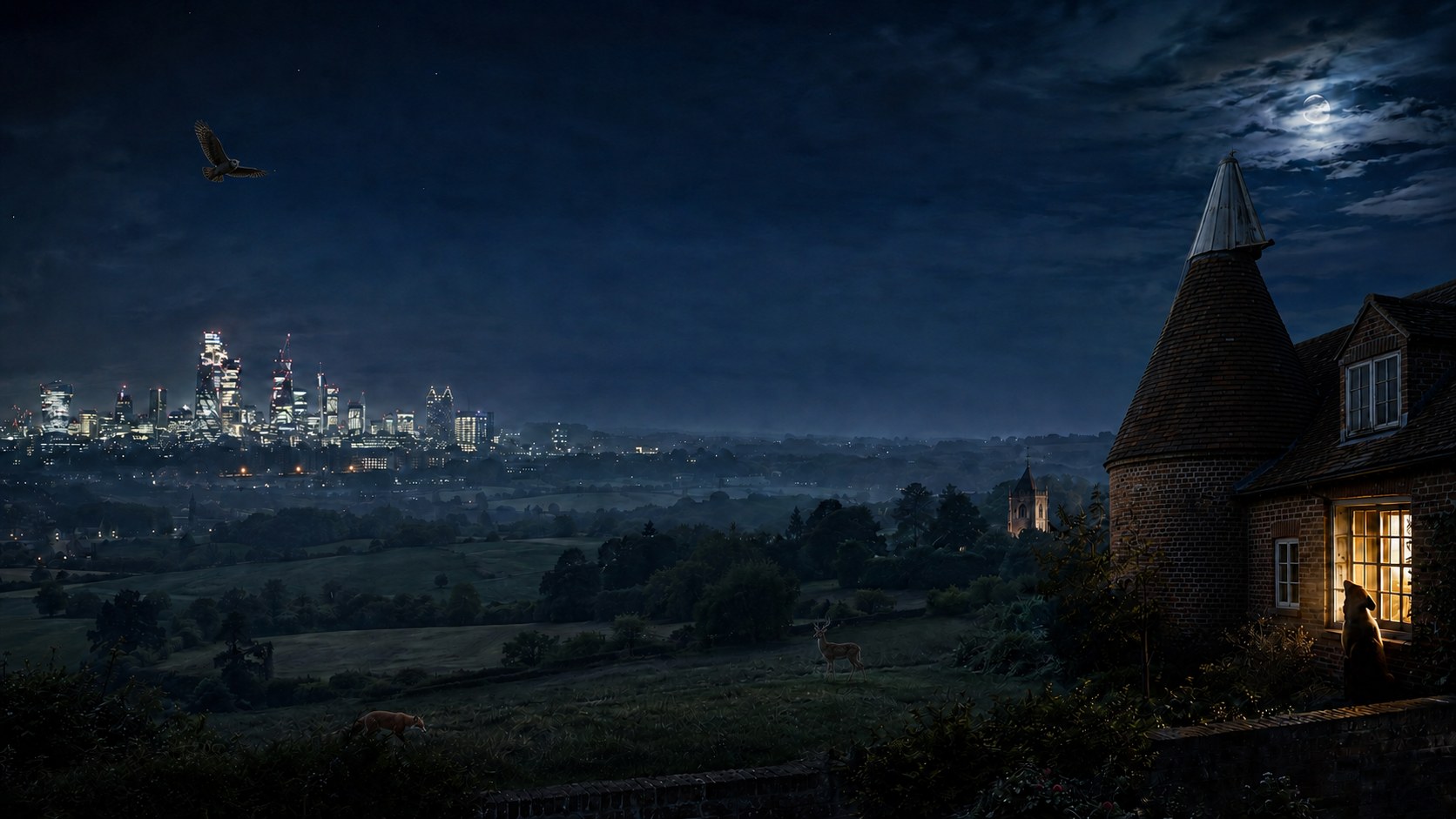 London’s illuminated skyline blending into moonlit countryside, with Frant church, a grazing deer, a fox, an owl and Winston watching from the oast window